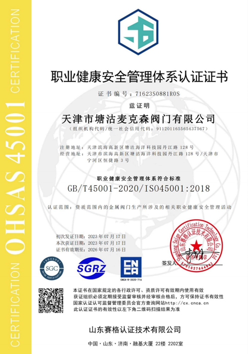 職業(yè)健康安全管理體系認證證書